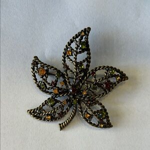 Autumn Fall Avon Leaf Brooch with Colorful Stones in a bronze colored setting